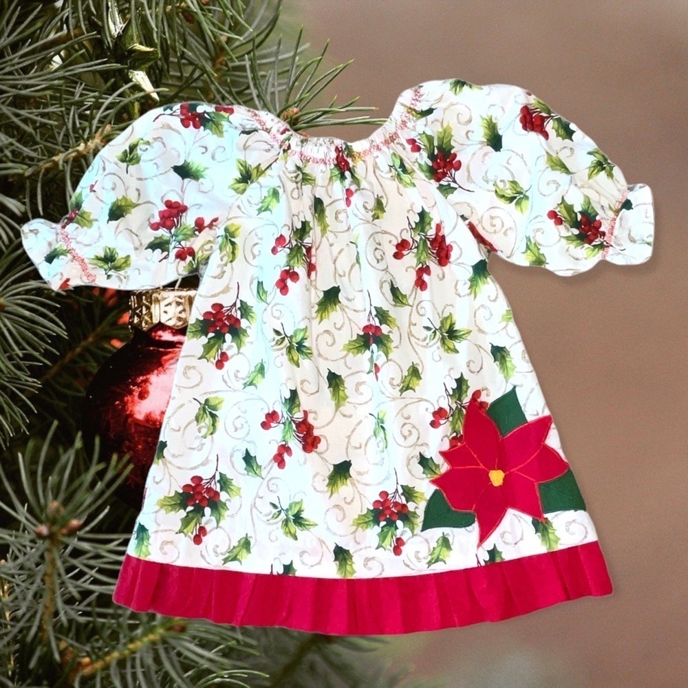 24m 2t Christmas Peasant Dress-Long Sleeve-Appliquéd Poinsettia Hem Ruffle